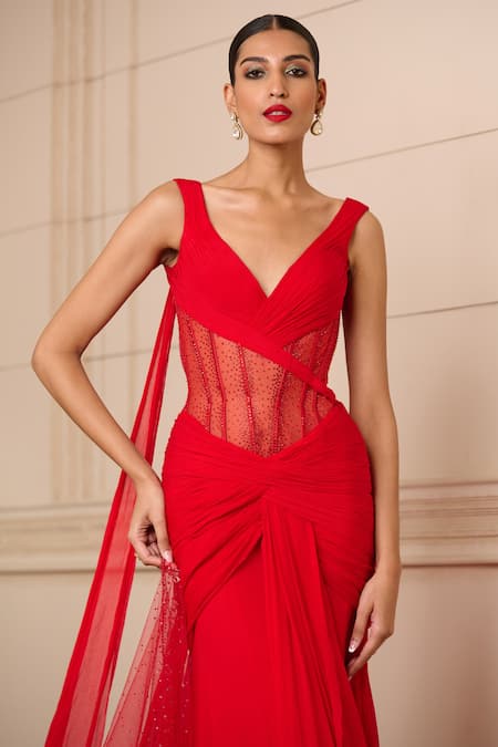 Buy Tarun Tahiliani Red Silk, Chiffon Crystals V-neck Work Draped Corset Gown Online at Aza Fashions Buy_Tarun Tahiliani_Red Silk, Chiffon Crystals V-neck Work Draped Corset Gown_Online_at_Aza_Fashions