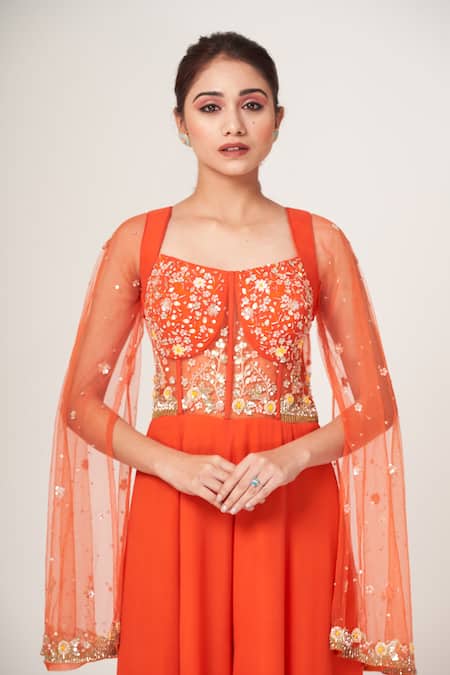 Tamaraa By Tahani Orange Tulle, Georgette Cutdana, Sequins Flower Embellished Corset Jumpsuit Online at Aza Fashions Tamaraa By Tahani_Orange Tulle, Georgette Cutdana, Sequins Flower Embellished Corset Jumpsuit _Online_at_Aza_Fashions