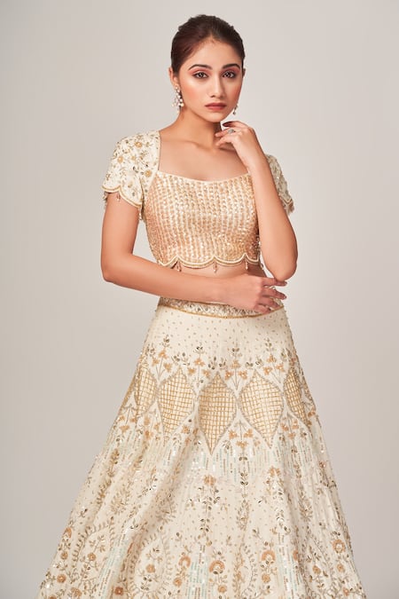 Tamaraa By Tahani Off White Silk Embellished Sequins Square Miranda Floral Crystal Lehenga Set at Aza Fashions Tamaraa By Tahani_Off White Silk Embellished Sequins Square Miranda Floral Crystal Lehenga Set _at_Aza_Fashions