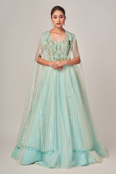 Tamaraa By Tahani_Blue Tulle, Silk Taffeta Cutdana, Sequins V Elvina Embellished Gown With Cape _Online_at_Aza_Fashions