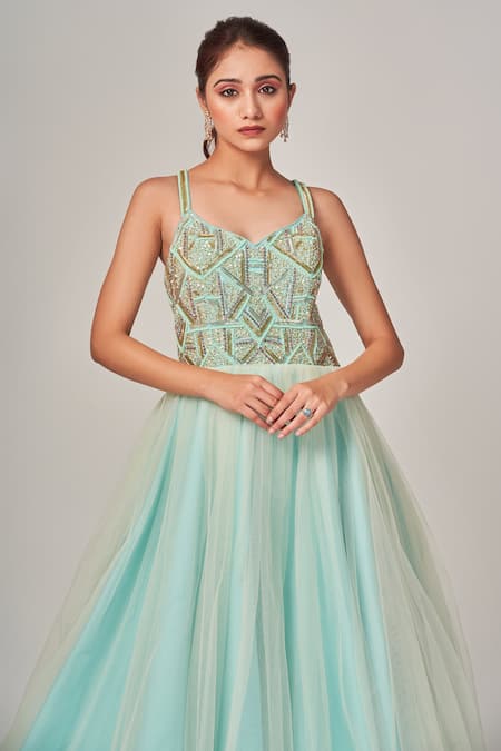 Shop_Tamaraa By Tahani_Blue Tulle, Silk Taffeta Cutdana, Sequins V Elvina Embellished Gown With Cape _Online_at_Aza_Fashions