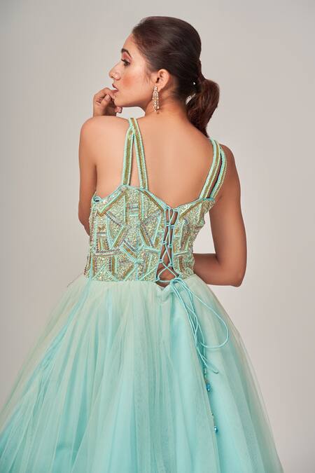 Tamaraa By Tahani_Blue Tulle, Silk Taffeta Cutdana, Sequins V Elvina Embellished Gown With Cape _at_Aza_Fashions