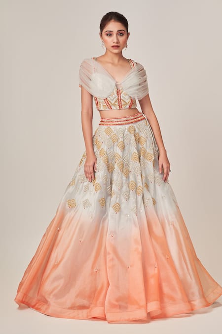 Tamaraa By Tahani_Grey Organza, Net, Silk Taffeta Elisa Dual Toned Embellished Lehenga Set _at_Aza_Fashions