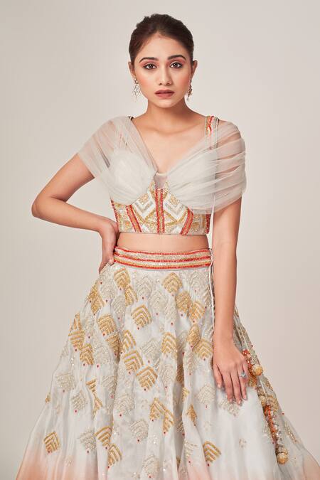 Tamaraa By Tahani_Grey Organza, Net, Silk Taffeta Elisa Dual Toned Embellished Lehenga Set _Online_at_Aza_Fashions