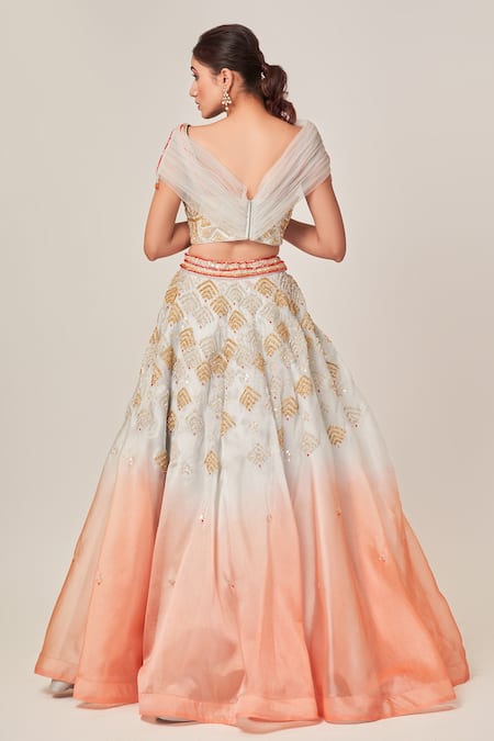 Shop_Tamaraa By Tahani_Grey Organza, Net, Silk Taffeta Elisa Dual Toned Embellished Lehenga Set _Online_at_Aza_Fashions