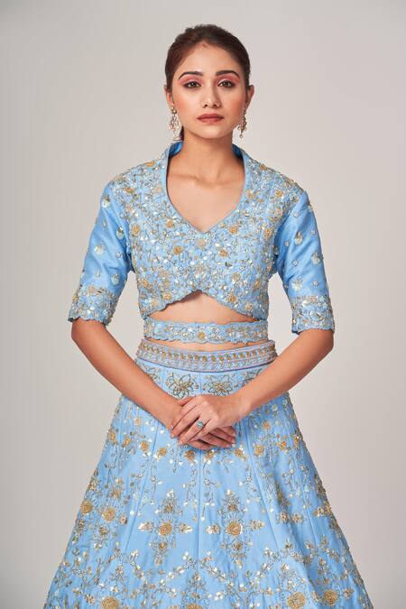 Buy_Tamaraa By Tahani_Blue Net, Silk Taffeta Cutdana, Sequins V Doris Floral Embellished Lehenga Set _Online_at_Aza_Fashions