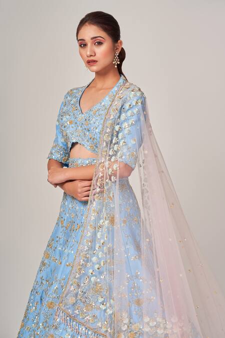 Shop_Tamaraa By Tahani_Blue Net, Silk Taffeta Cutdana, Sequins V Doris Floral Embellished Lehenga Set _Online_at_Aza_Fashions