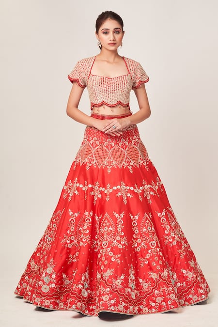 Shop_Tamaraa By Tahani_Red Net, Silk Taffeta Cutdana, Dela Embellished Kalidar Bridal Lehenga Set _Online_at_Aza_Fashions