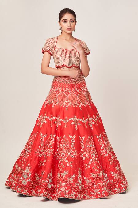 Tamaraa By Tahani_Red Net, Silk Taffeta Cutdana, Dela Embellished Kalidar Bridal Lehenga Set _Online_at_Aza_Fashions