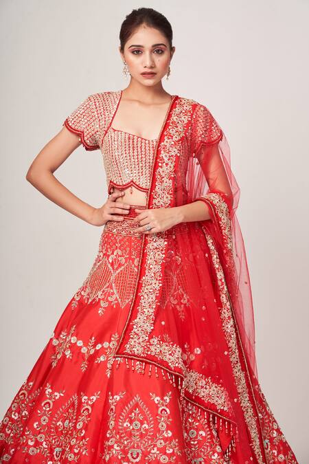 Buy_Tamaraa By Tahani_Red Net, Silk Taffeta Cutdana, Dela Embellished Kalidar Bridal Lehenga Set _Online_at_Aza_Fashions