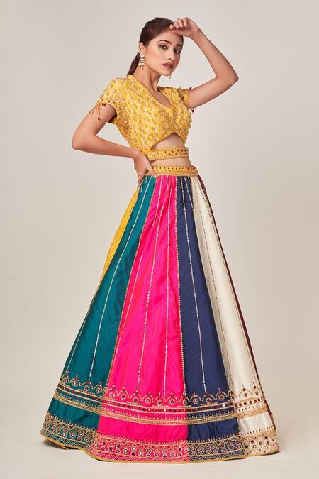 Buy_Tamaraa By Tahani_Multi Color Crepe, Silk Taffeta Cutdana, Parisa Blocked Work Lehenga Set _Online_at_Aza_Fashions