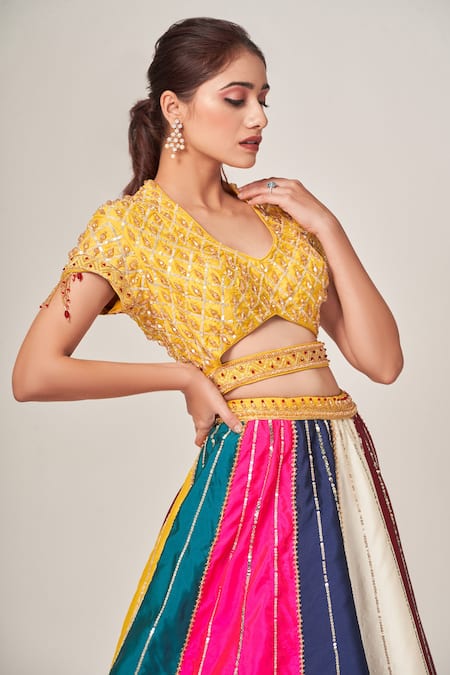 Tamaraa By Tahani_Multi Color Crepe, Silk Taffeta Cutdana, Parisa Blocked Work Lehenga Set _Online_at_Aza_Fashions