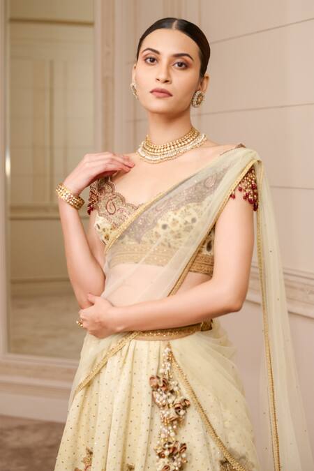 Tarun Tahiliani_Ivory Georgette, Satin, Shantoon, Mulmul, Print Kalidar Set_Online_at_Aza_Fashions