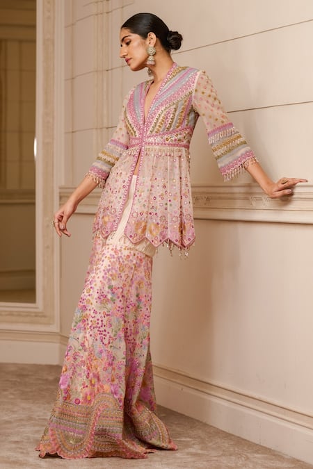 Tarun Tahiliani Ivory Sheer Silk, Shantoon, Net, Embroidered Kurti And Sharara Set Online at Aza Fashions Tarun Tahiliani_Ivory Sheer Silk, Shantoon, Net, Embroidered Kurti And Sharara Set_Online_at_Aza_Fashions