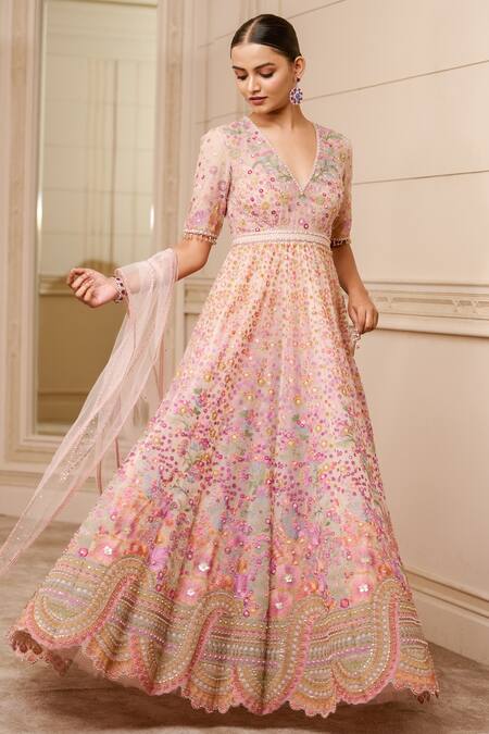 Tarun Tahiliani_Ivory Floral Pattern V Neck Embroidered Anarkali Set_Online_at_Aza_Fashions