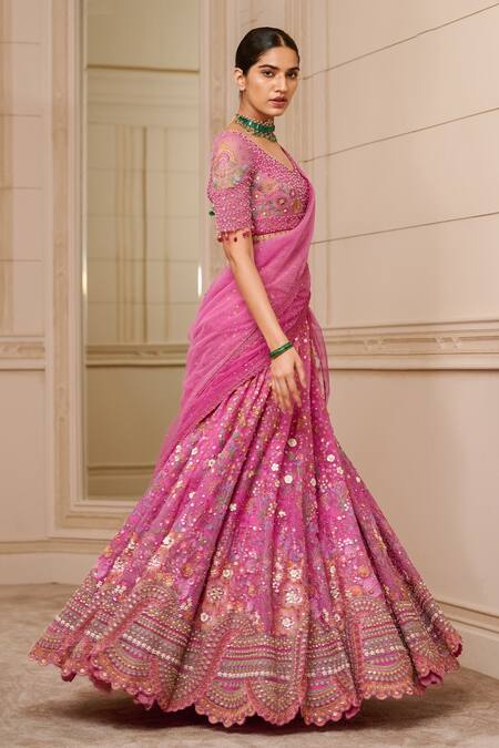 Tarun Tahiliani_Fuchsia Sheer Silk Embroidered Floral Pattern V Neck Lehenga Saree _Online_at_Aza_Fashions