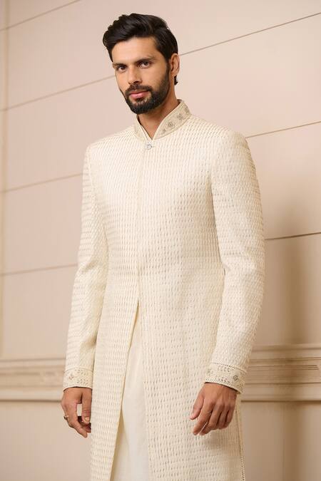 Buy Tarun Tahiliani Ivory Cotton, Silk, Poplin, Kota Doria Embroidery Texture Sherwani Set Online at Aza Fashions Buy_Tarun Tahiliani_Ivory Cotton, Silk, Poplin, Kota Doria Embroidery Texture Sherwani Set_Online_at_Aza_Fashions