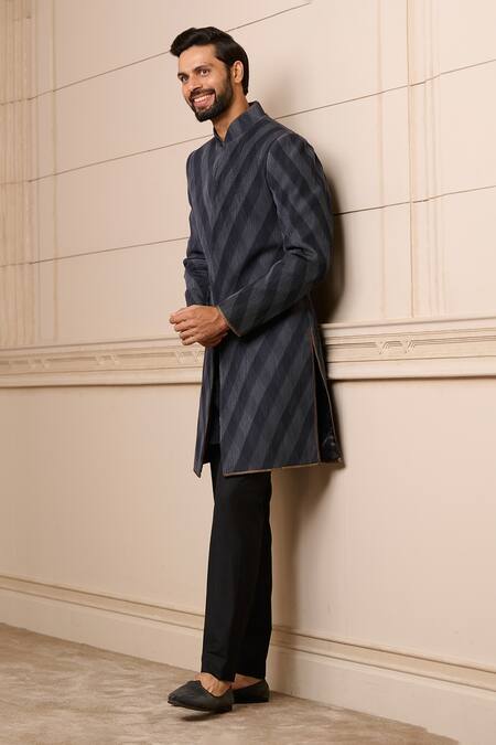 Tarun Tahiliani_Grey Satin, Organza, Stripe Textured Sherwani Set_Online_at_Aza_Fashions