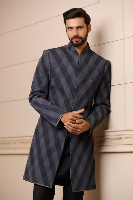Buy_Tarun Tahiliani_Grey Satin, Organza, Stripe Textured Sherwani Set_Online_at_Aza_Fashions
