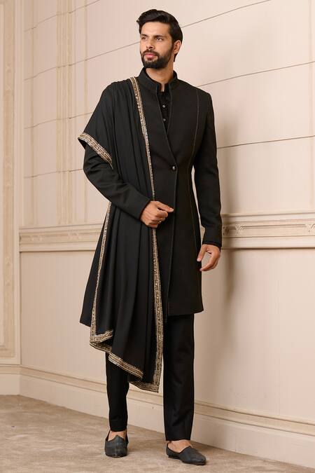 Tarun Tahiliani_Black Cotton, Crepe, Jacquard, Polyester Zari Draped Sherwani Set_Online_at_Aza_Fashions