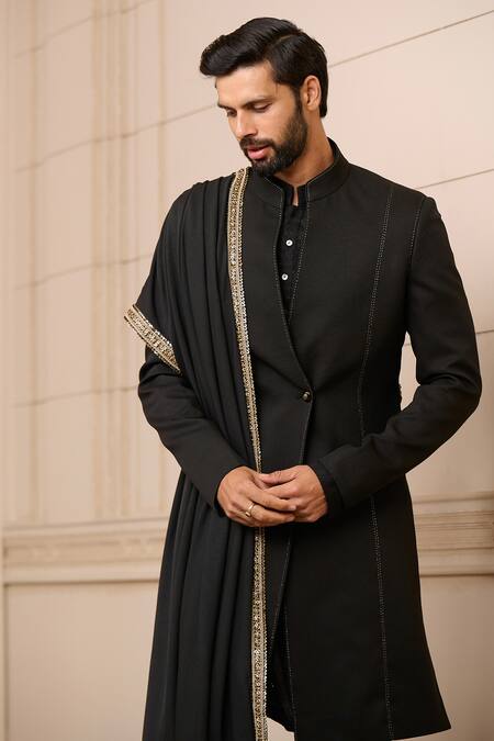 Buy_Tarun Tahiliani_Black Cotton, Crepe, Jacquard, Polyester Zari Draped Sherwani Set_Online_at_Aza_Fashions