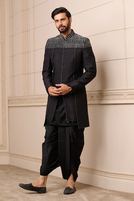 Tarun Tahiliani_Black Silk, Cotton Satin Sequins, Embroidery Glint Textured Sherwani Set _Online_at_Aza_Fashions