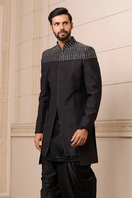 Buy_Tarun Tahiliani_Black Silk, Cotton Satin Sequins, Embroidery Glint Textured Sherwani Set _Online_at_Aza_Fashions