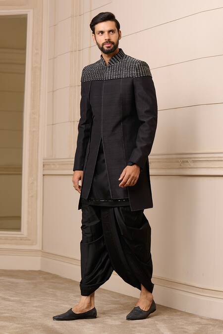 Shop_Tarun Tahiliani_Black Silk, Cotton Satin Sequins, Embroidery Glint Textured Sherwani Set _Online_at_Aza_Fashions