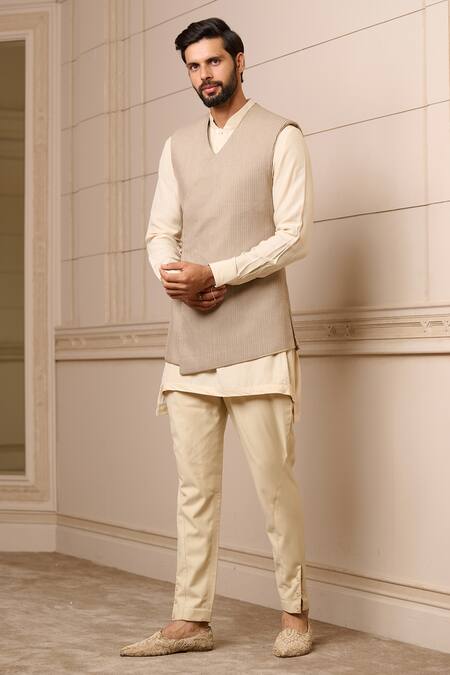 Tarun Tahiliani_Grey Kota Doria Embroidery Overlap Waistcoat_Online_at_Aza_Fashions
