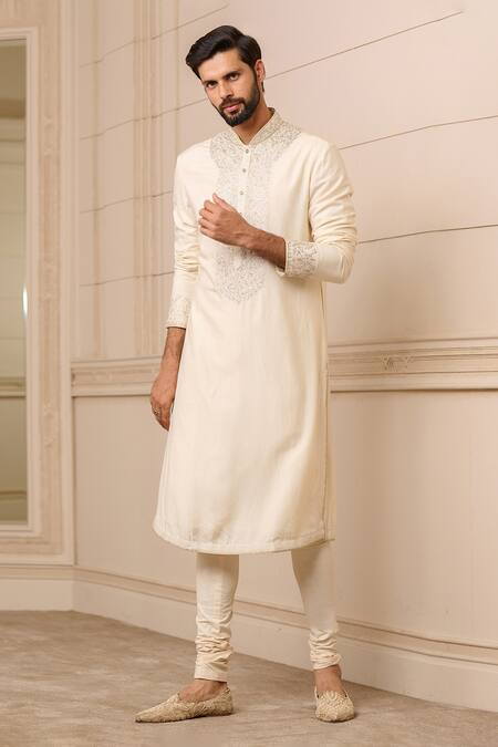 Tarun Tahiliani_Ivory Silk Zari, Embroidery Neckline Kurta Set_Online_at_Aza_Fashions