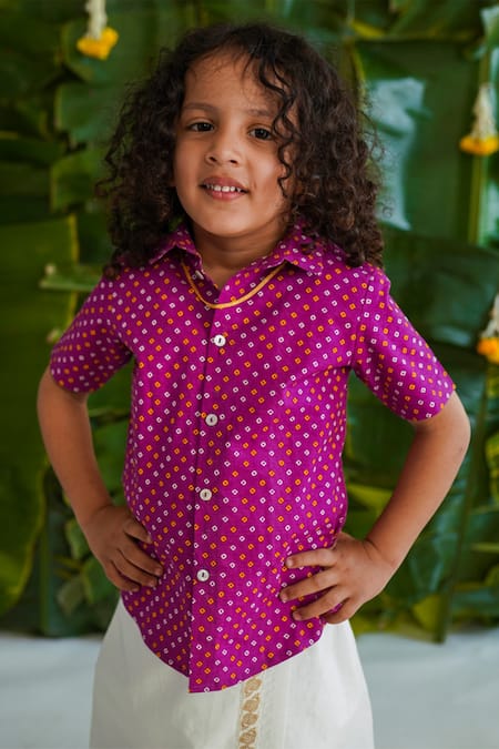 Buy Purple 100% Cotton Bandhani And Fish Shirt & Mundu Dhoti Set For Boys  by Tiber Taber Online at Aza Fashions.