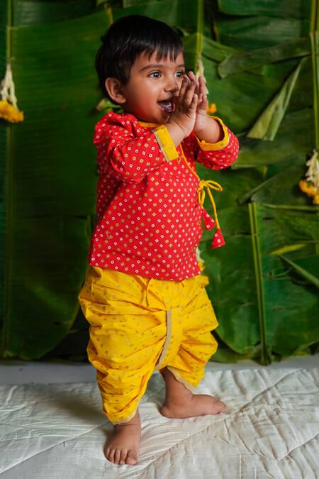 Buy Red 100 Cotton Bandhani Angrakha Kurta And Dhoti Pant Set For