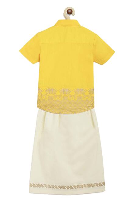 Buy_Tiber Taber_Yellow Cotton Half Sleeves Shirt And Mundu Dhoti Set_Online_at_Aza_Fashions