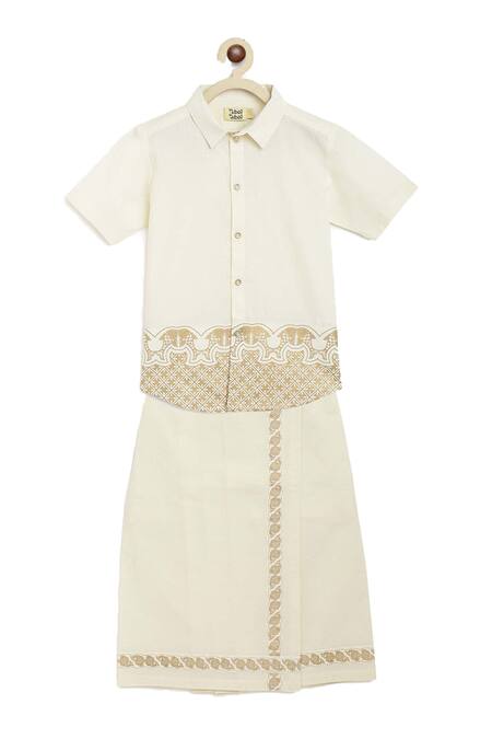 Tiber Taber_Cream Cotton Fish Print Shirt And Mundu Dhoti Set_Online_at_Aza_Fashions