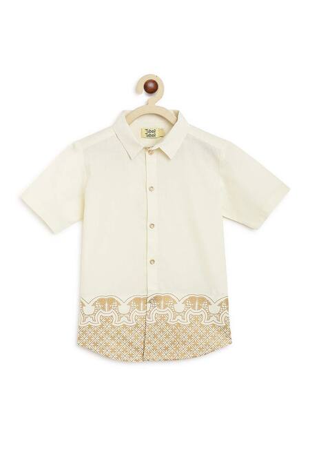 Buy_Tiber Taber_Cream Cotton Fish Print Shirt And Mundu Dhoti Set_Online_at_Aza_Fashions