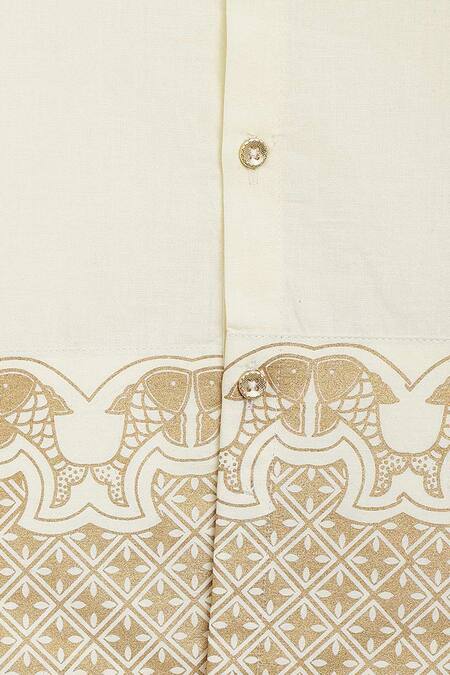 Shop_Tiber Taber_Cream Cotton Fish Print Shirt And Mundu Dhoti Set_Online_at_Aza_Fashions
