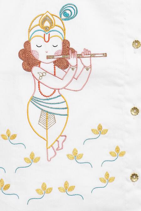 Tiber Taber White Cotton Embroidery Krishna Kurta And Dhoti Set at Aza Fashions Tiber Taber_White Cotton Embroidery Krishna Kurta And Dhoti Set _at_Aza_Fashions