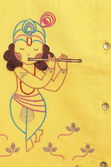 Tiber Taber Yellow Cotton Embroidery Krishna Straight Kurta And Dhoti Set Online at Aza Fashions Tiber Taber_Yellow Cotton Embroidery Krishna Straight Kurta And Dhoti Set _Online_at_Aza_Fashions