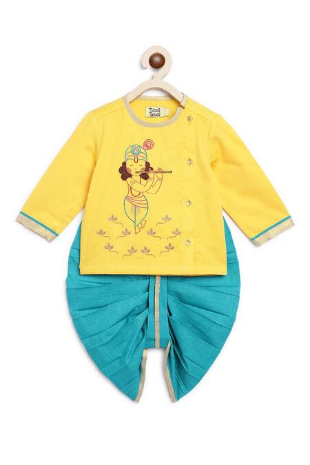 Shop Tiber Taber Yellow Cotton Embroidery Krishna Straight Kurta And Dhoti Set Online at Aza Fashions Shop_Tiber Taber_Yellow Cotton Embroidery Krishna Straight Kurta And Dhoti Set _Online_at_Aza_Fashions