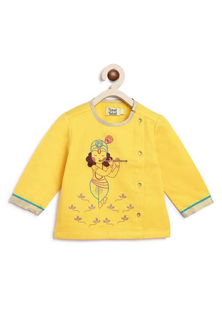 Tiber Taber Yellow Cotton Embroidery Krishna Straight Kurta And Dhoti Set at Aza Fashions Tiber Taber_Yellow Cotton Embroidery Krishna Straight Kurta And Dhoti Set _at_Aza_Fashions