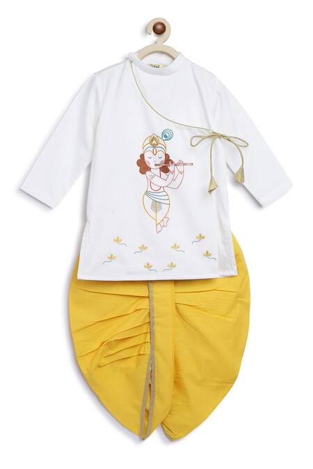 Tiber Taber White Cotton Embroidery Krishna Long Kurta And Dhoti Set at Aza Fashions Tiber Taber_White Cotton Embroidery Krishna Long Kurta And Dhoti Set _at_Aza_Fashions