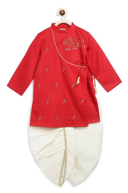 Tiber Taber Red Cotton Embroidery Krishna Kurta And Dhoti Set Online at Aza Fashions Tiber Taber_Red Cotton Embroidery Krishna Kurta And Dhoti Set _Online_at_Aza_Fashions
