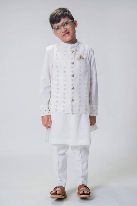 Shop Tiber Taber White Cotton Embroidery Heart Bundi And Pant Set Shop_Tiber Taber_White Cotton Embroidery Heart Bundi And Pant Set