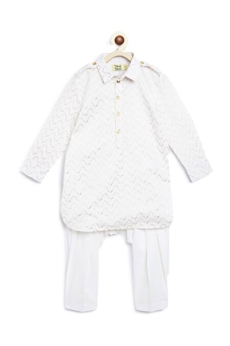 Tiber Taber White Cotton Embroidery Zig-zag Pathani Kurta With Salwar Online at Aza Fashions Tiber Taber_White Cotton Embroidery Zig-zag Pathani Kurta With Salwar _Online_at_Aza_Fashions