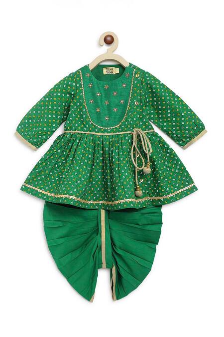 Buy_Tiber Taber_Green Cotton Embroidery Angrakha Kurta And Dhoti Pant Set_Online_at_Aza_Fashions
