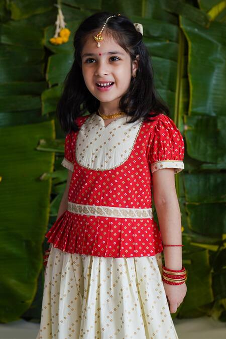 Tiber Taber_Red Cotton Embroidery Puff Sleeve Bandhani Print Pattu Pavdai Dress_Online_at_Aza_Fashions