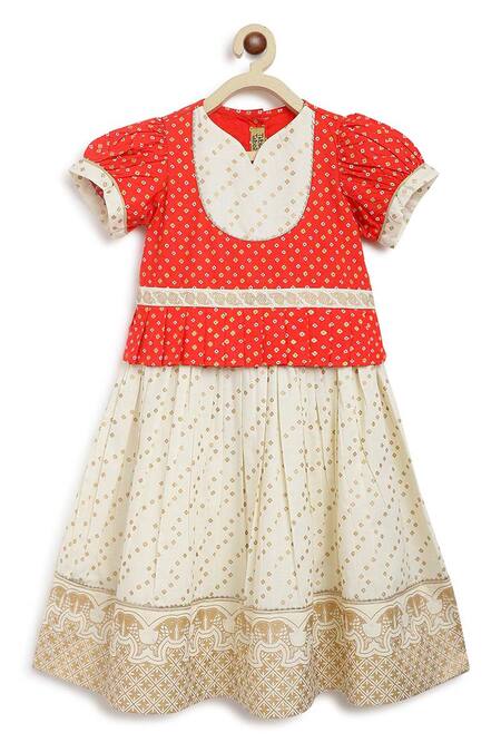 Buy_Tiber Taber_Red Cotton Embroidery Puff Sleeve Bandhani Print Pattu Pavdai Dress_Online_at_Aza_Fashions