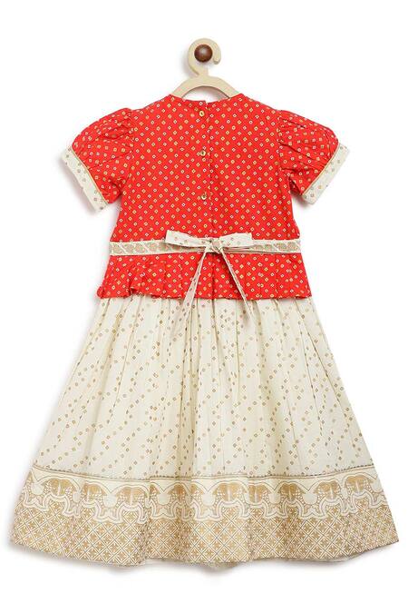 Shop_Tiber Taber_Red Cotton Embroidery Puff Sleeve Bandhani Print Pattu Pavdai Dress_Online_at_Aza_Fashions