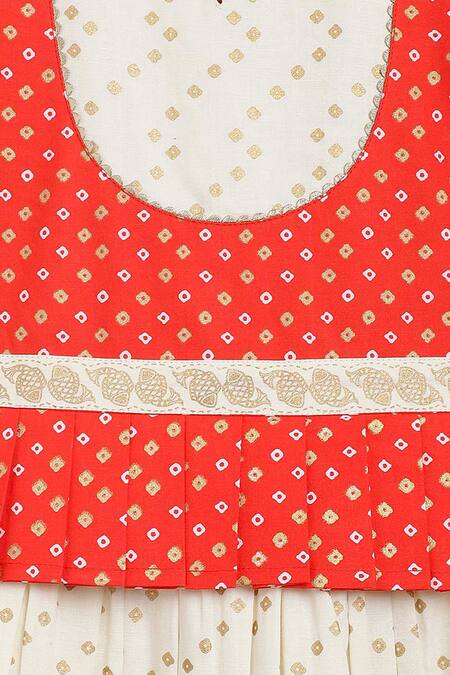 Tiber Taber_Red Cotton Embroidery Puff Sleeve Bandhani Print Pattu Pavdai Dress_at_Aza_Fashions