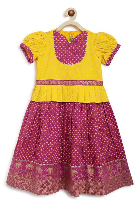 Tiber Taber_Purple Cotton Embroidery Bandhani Print Pleated Pattu Pavdai Dress_Online_at_Aza_Fashions